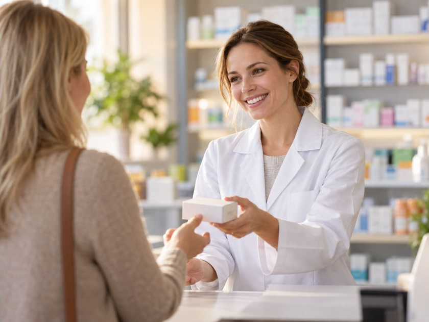 Apothekerin überreicht Kundin ein Medikament